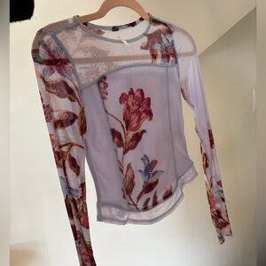 Free People Sheer Floral Garden Lavender Mesh Long Sleeve Blouse